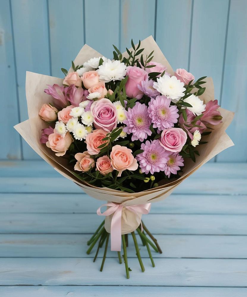 Букет цветов из: Хризантемы, Розы и Альстромерии в Тим