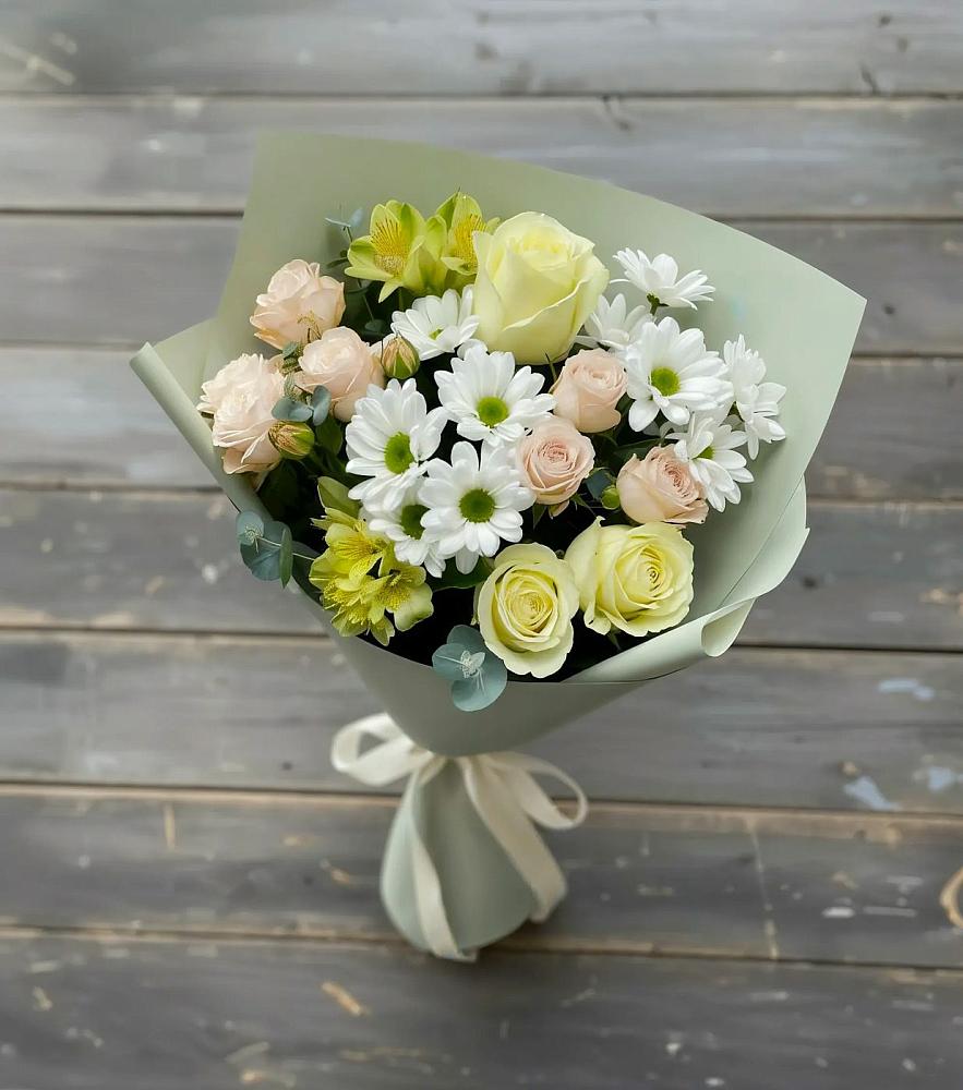 Букет цветов из: Альстромерии, Розы и Хризантемы в Тим