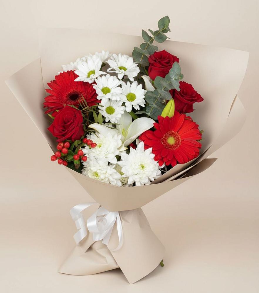 Букет цветов из: Розы, Хризантемы, Герберы и Лилии в Тим