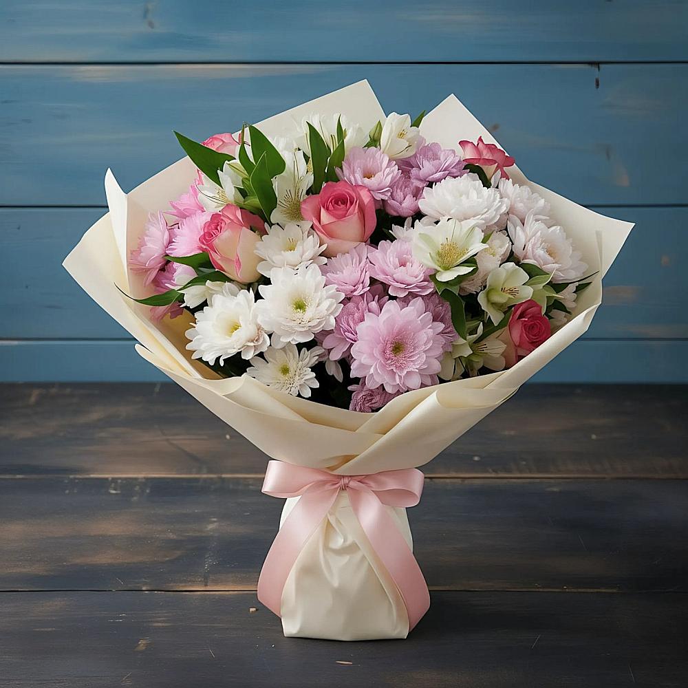 Букет цветов из: Хризантемы, Альстромерии и Розы в Тим